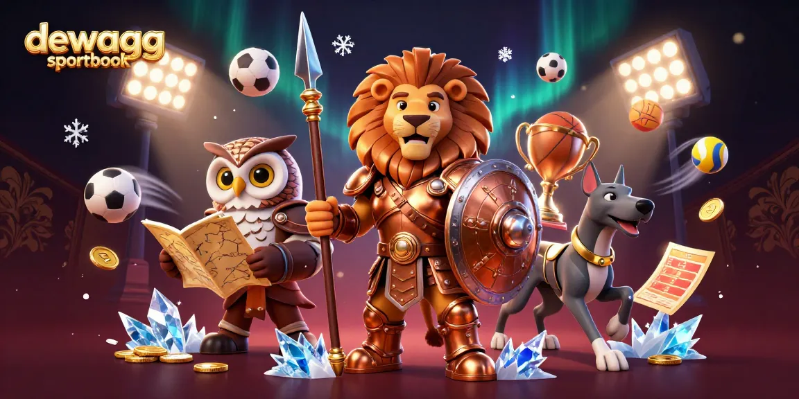 Bet on dewagg sportbook with a vibrant 3D scene featuring sports elements and heroic characters.