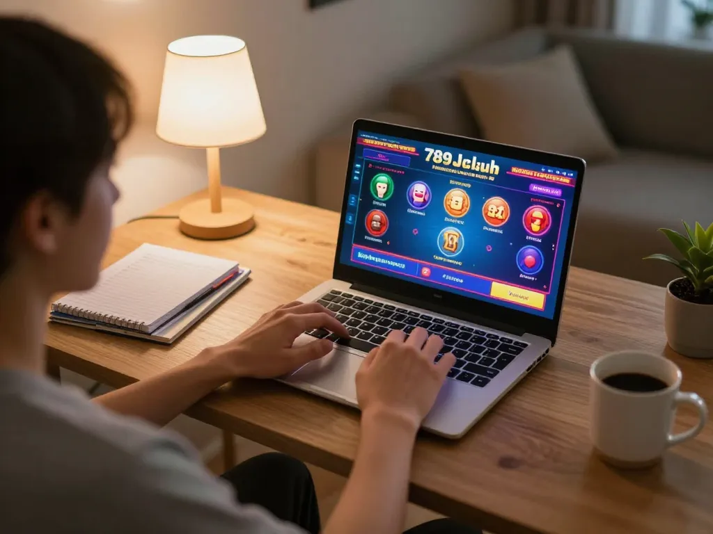 Engaging with the 789club online casino on a laptop, showing colorful gameplay interface and betting strategies.