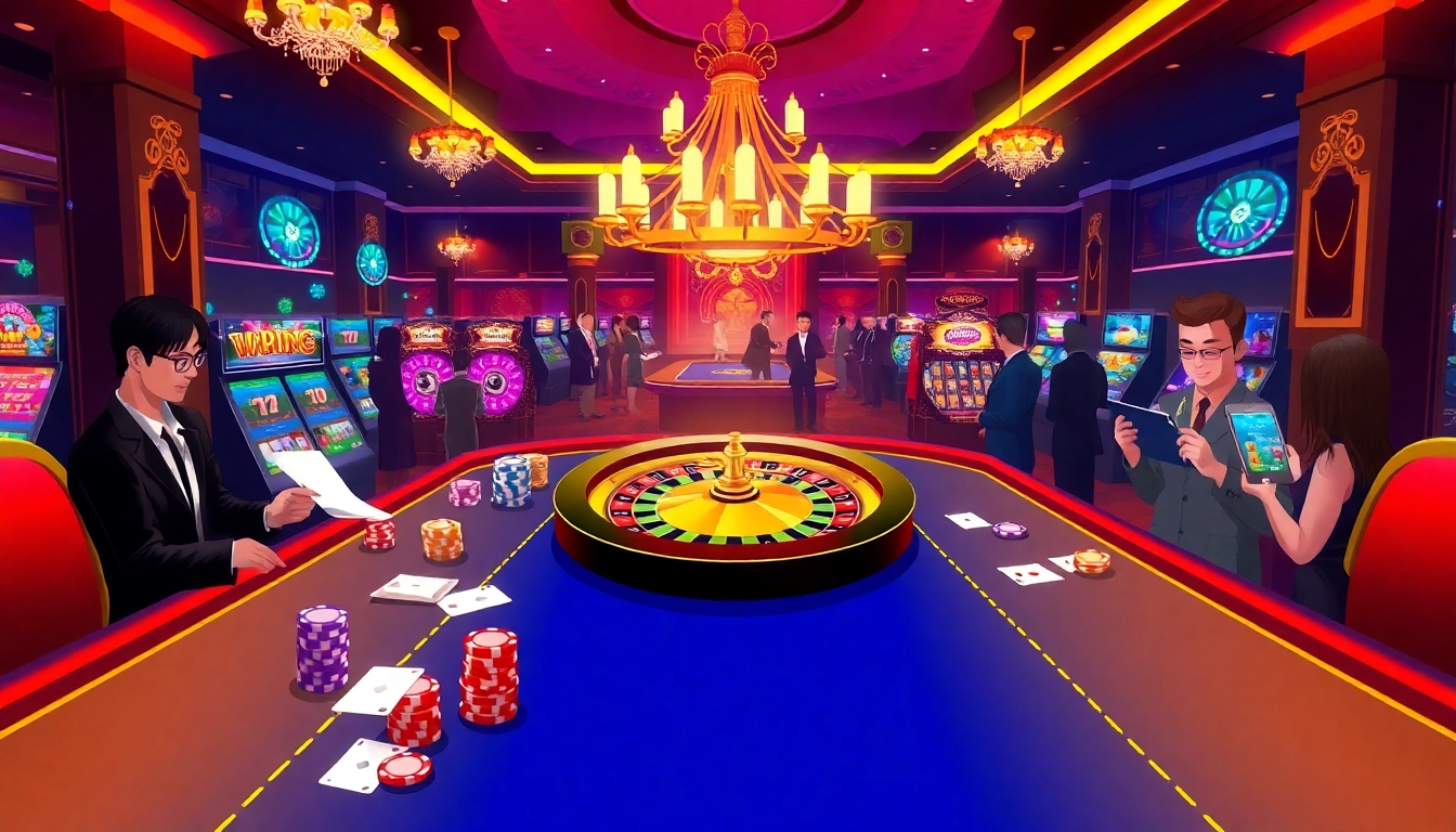 Experience thrilling gameplay at Xin88 with vibrant casino tables and animated slot machines.