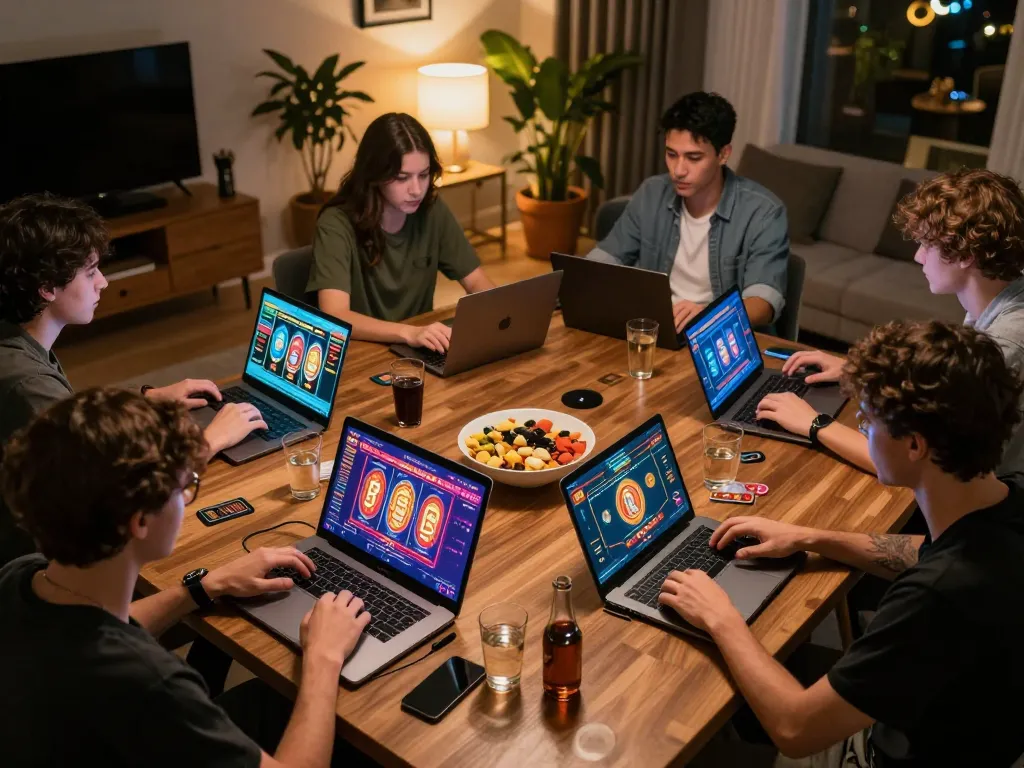 Seorang pria menang dalam permainan online di rumah menggunakan platform aman788 selama malam permainan yang meriah bersama teman-teman.