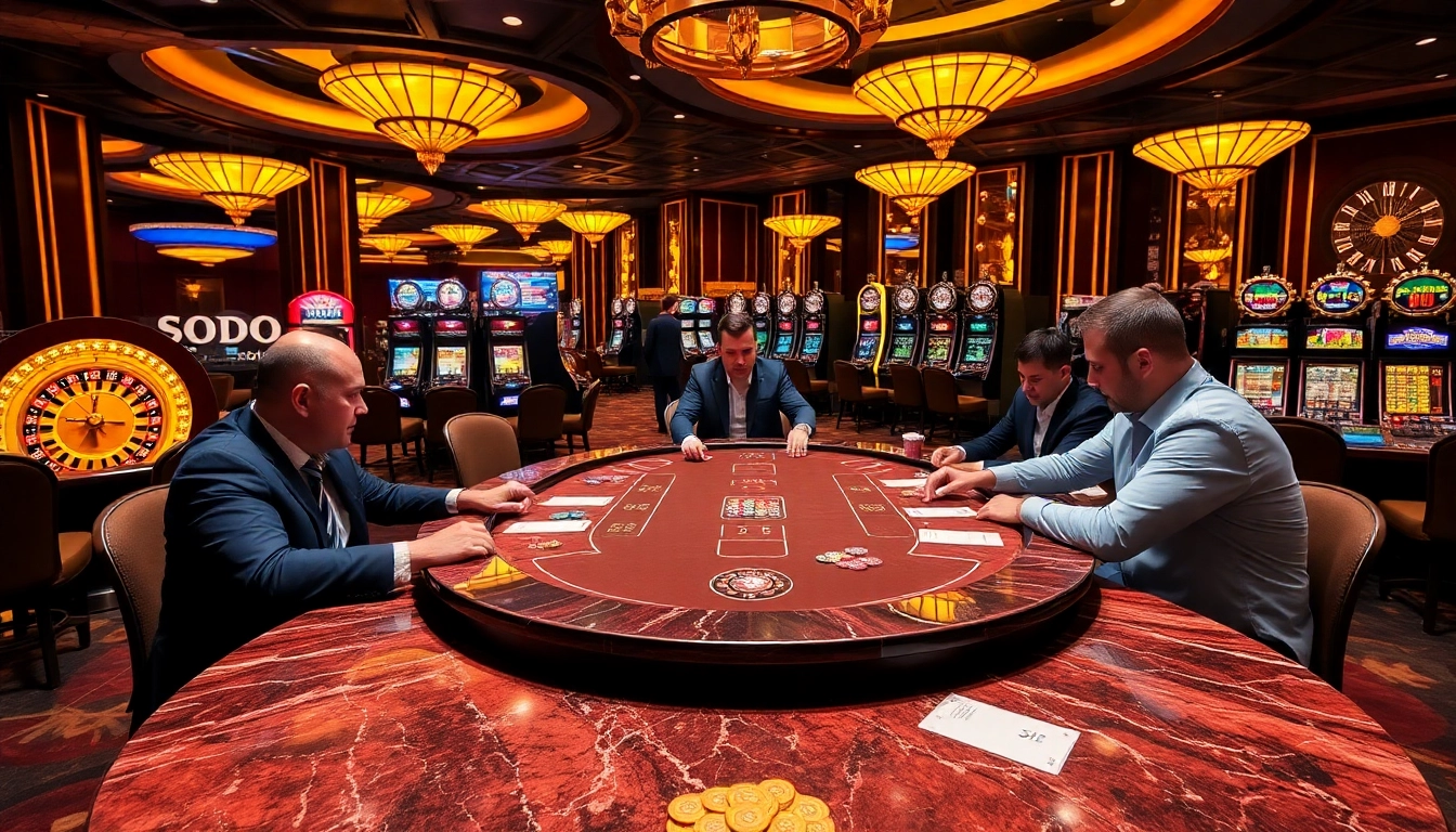 SODO casino table with players engaged in a high-stakes poker game amidst opulent gaming machines.