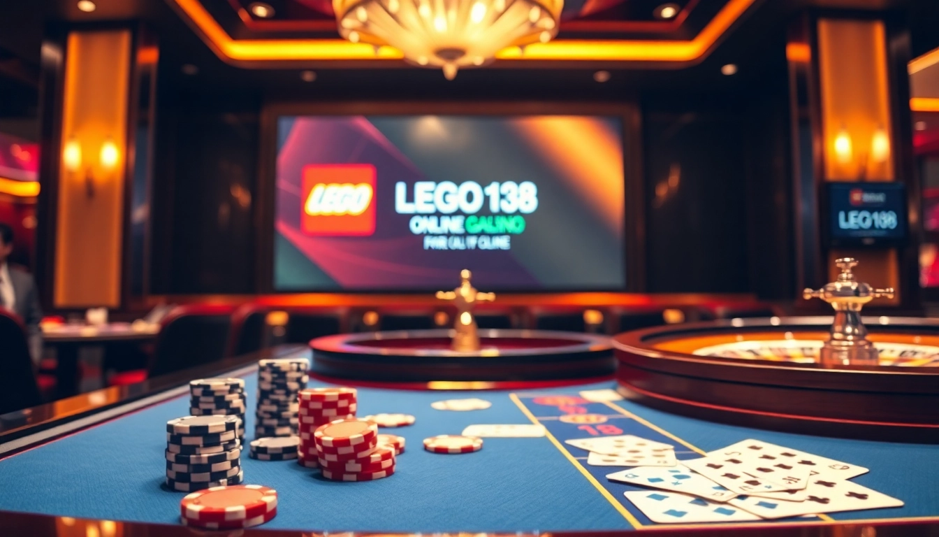 Experience thrilling gameplay at LEGO138 login with vibrant casino visuals, poker chips, and roulette wheels.