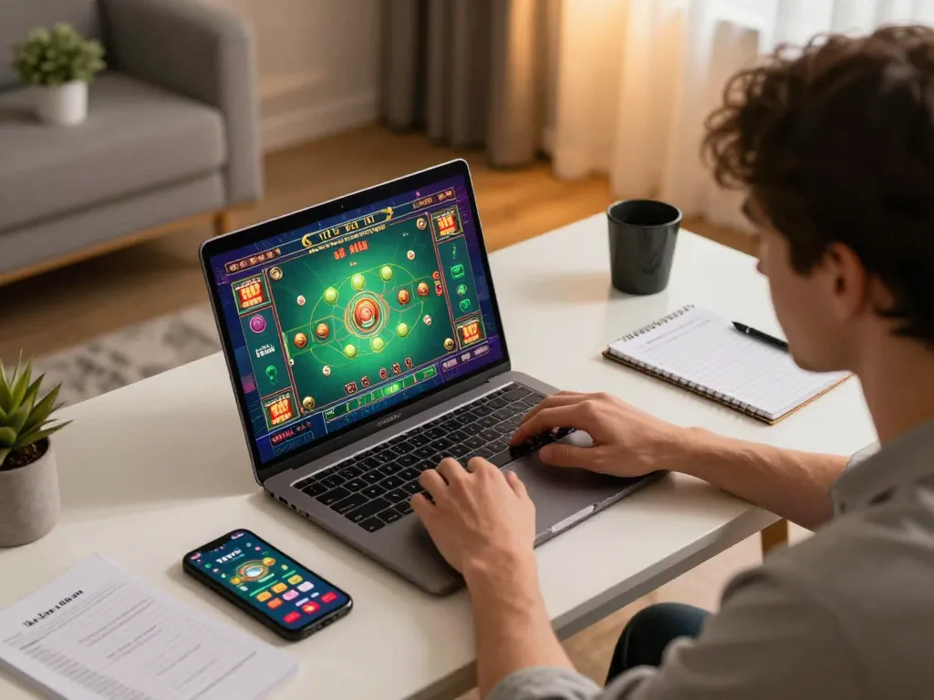 Tài xỉu online gameplay in a home office with strategic notes and casino apps displayed.