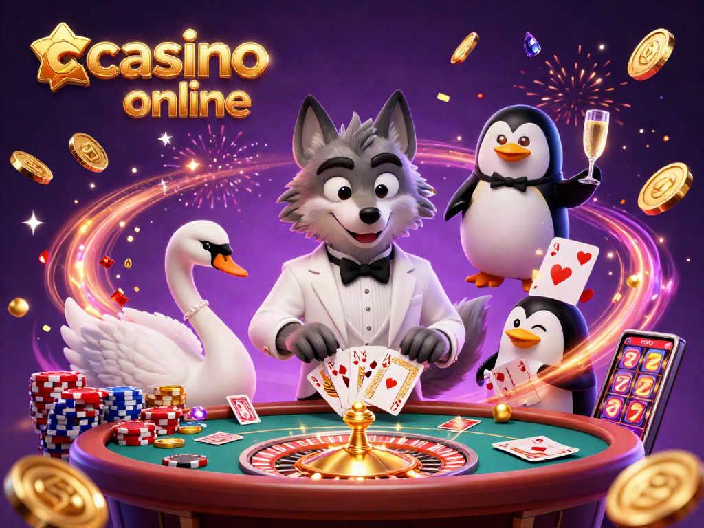 Cascade golden coins and vibrant gems surround characters at a casino online baccarat table, showcasing elegance and excitement.