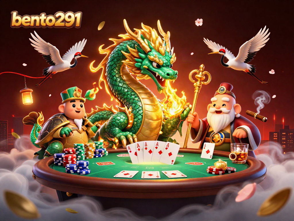 Experience thrilling poker action with bento291 featuring a dragon, turtle sage, and lucky cranes.