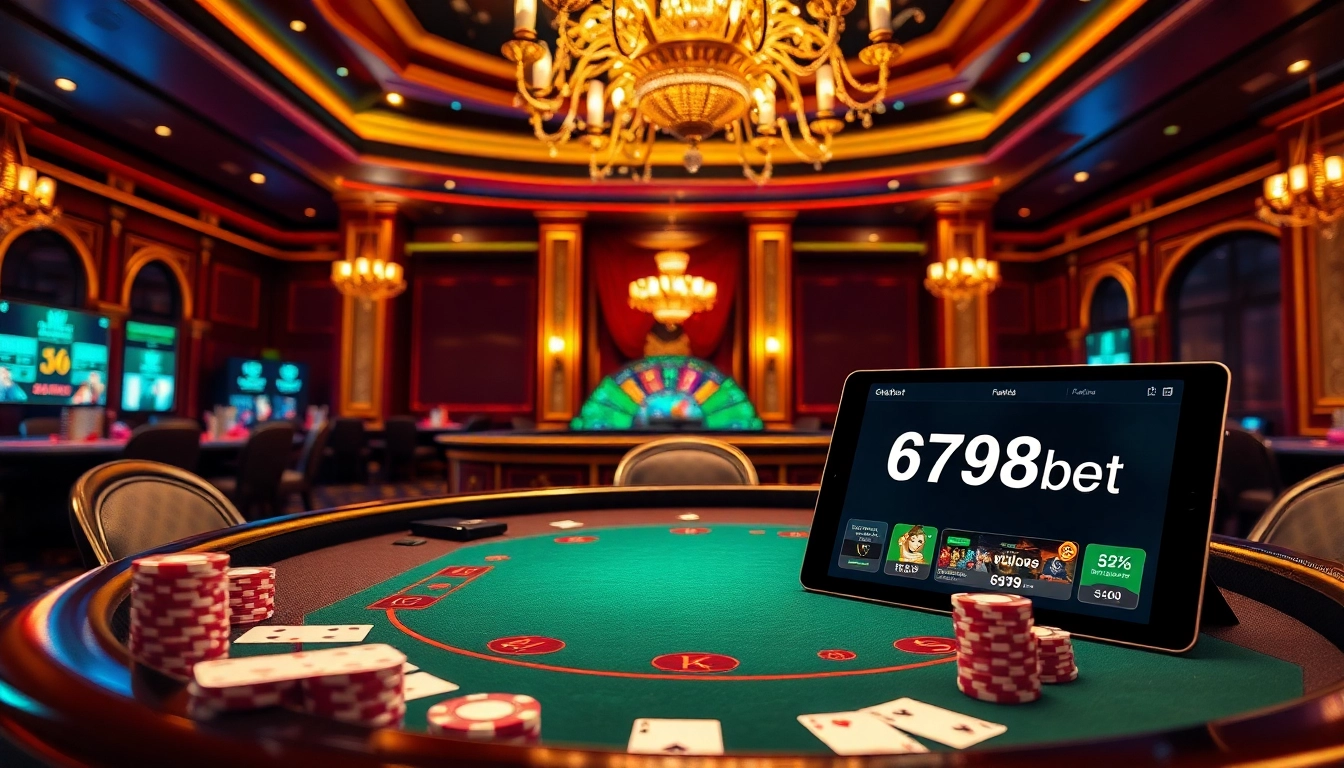 Experience the thrill of 6789bet with a luxurious poker table surrounded by enticing gambling elements.