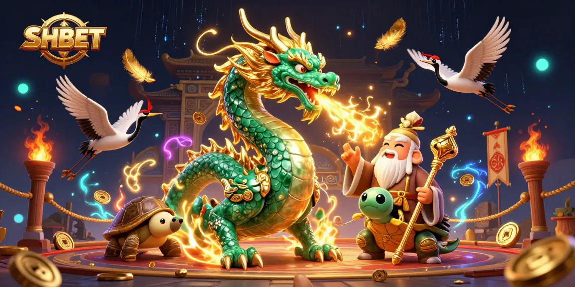 Experience thrilling game action with SH BET at a vibrant casino featuring a jade dragon and lucky symbols.
