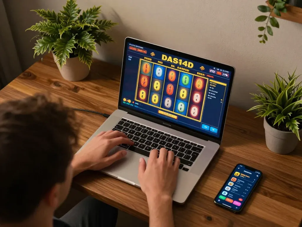 Pemain DASI4D menikmati permainan slot di laptop sambil mengelola strategi taruhan di lingkungan yang nyaman.