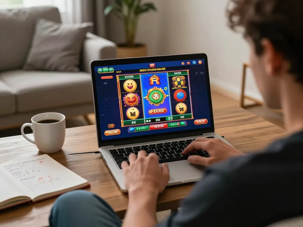 Seorang pemain berinteraksi dengan permainan slot online aman788 di laptop, menampilkan grafik yang mendebarkan dan suasana rumah yang nyaman.