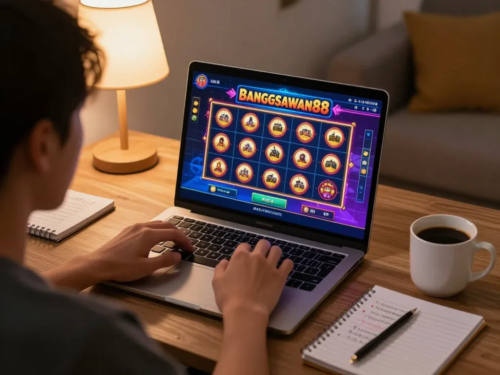 Bangsawan88 slot gameplay on a laptop, showcasing strategic betting in a cozy home office.