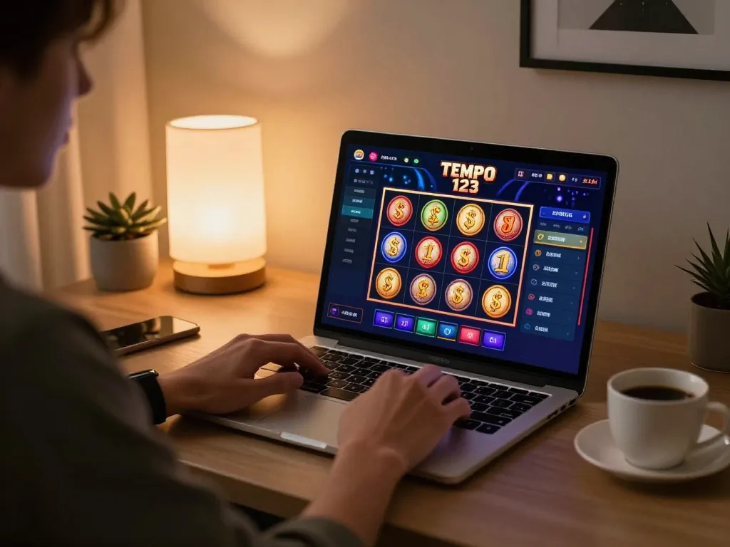 Pemain yang terlibat di kasino online Tempo 123 dari pengaturan rumah yang nyaman dengan laptop dan antarmuka slot yang menarik