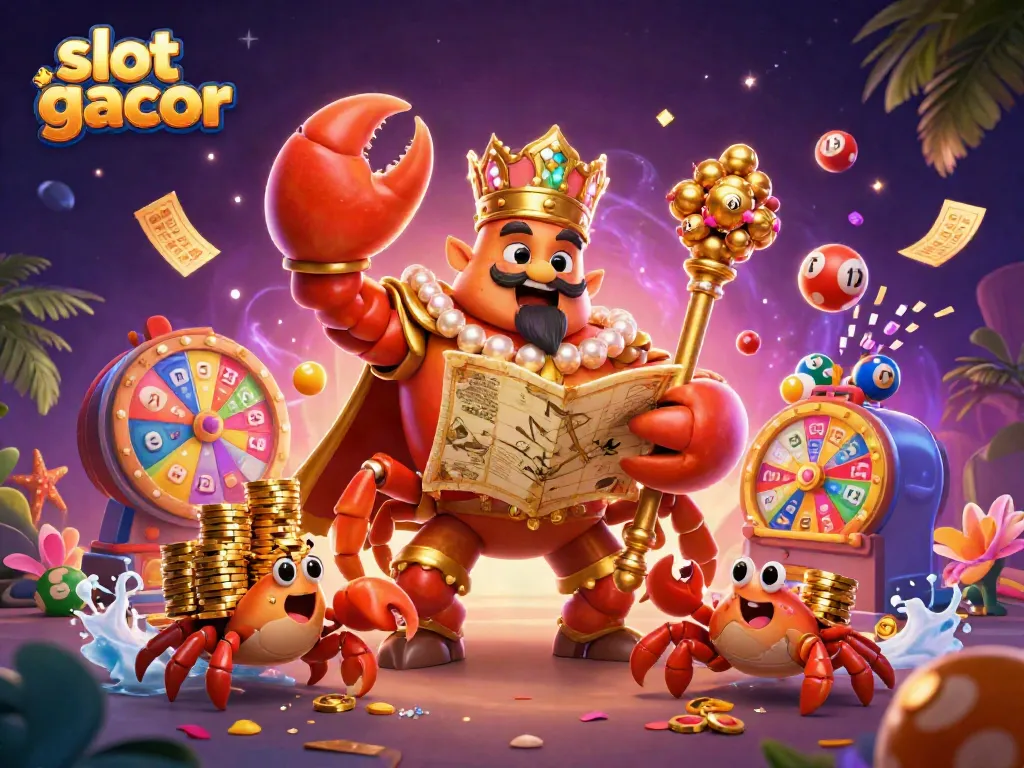 Menang besar dengan slot gacor di kasino virtual, ditampilkan dengan karakter beternak kerang dan elemen permainan yang meriah.