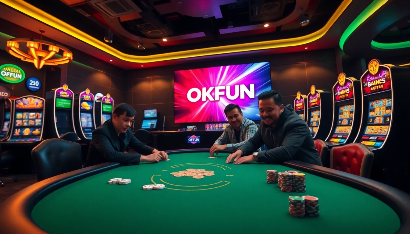 Players engaging at a luxurious poker table featuring OKFUN gaming interface in a vibrant casino scene.
