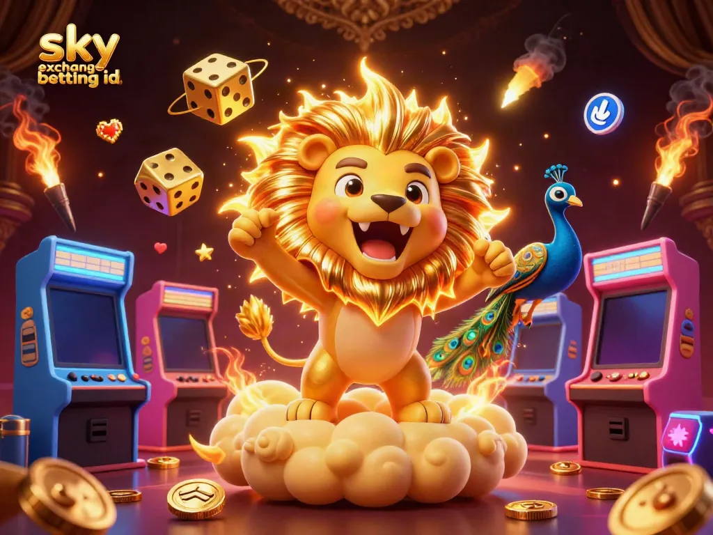 Experience thrilling gameplay with your sky exchange betting id, featuring a roaring lion, golden dice, and arcade elements.
