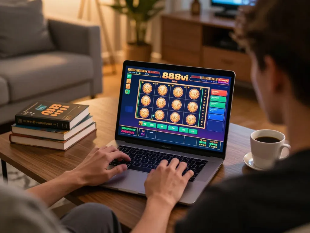 Engaged player strategizing bets on 888vi online casino from a cozy home setup.