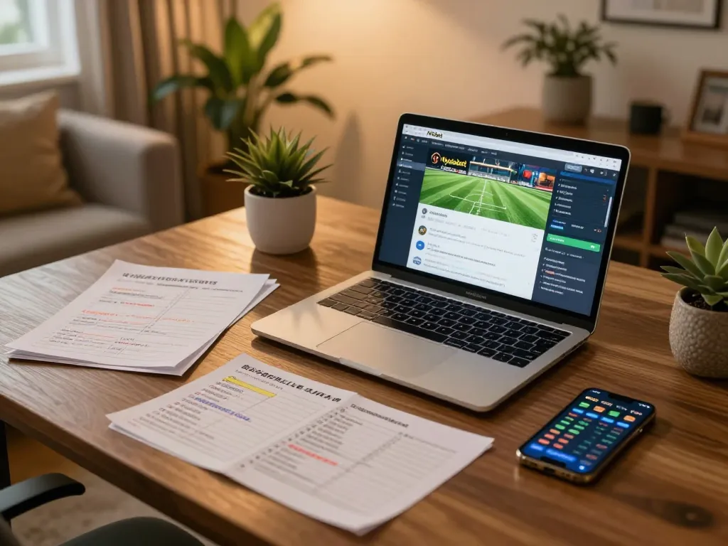 Nyalabet sports betting setup showcasing a laptop with betting odds and strategy notes in a cozy home environment.
