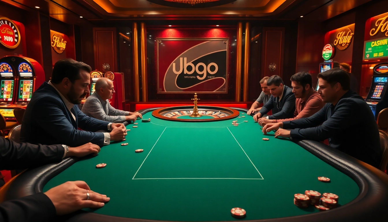 A thrilling poker game at a luxury casino, highlighting bdtk66 my branding amidst vibrant slot machines and roulette.