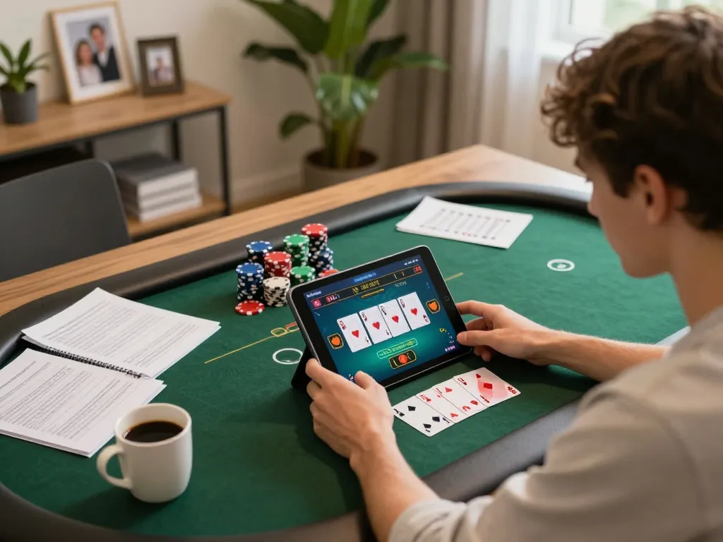 Engaging online poker gameplay at home showcasing strategies at https://kjc.events/, highlighting an immersive gambling experience.