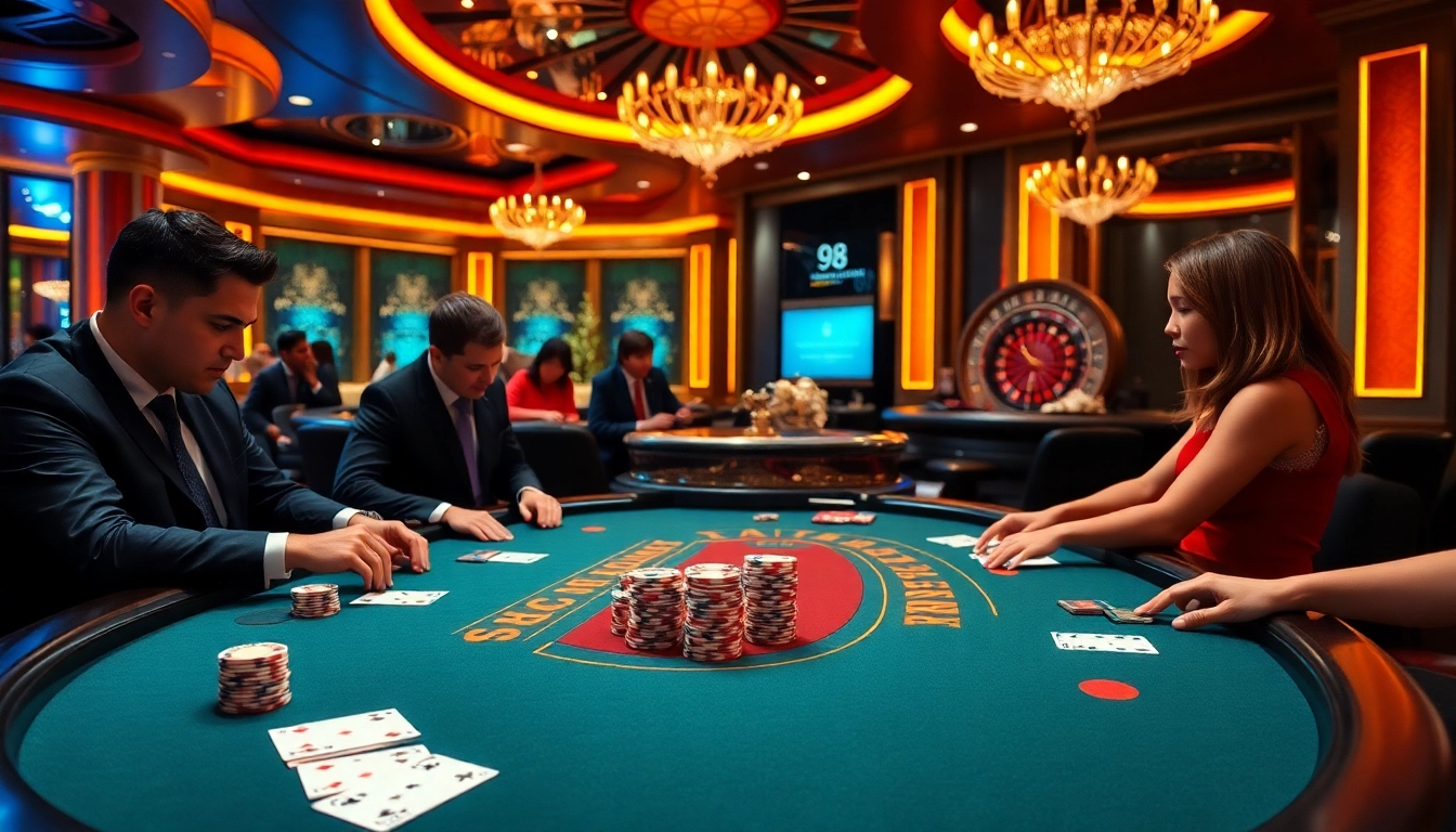 Experience thrilling gameplay at 98win trang chủ with a vibrant casino scene showcasing blackjack and poker.