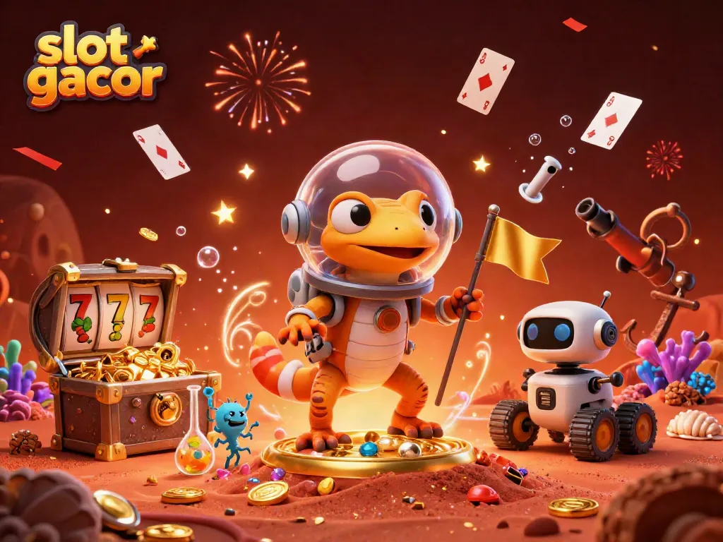 Slot gacor menampilkan sekelompok karakter kartun di kasino emas di Mars, dikelilingi harta karun dan efek bisnis.