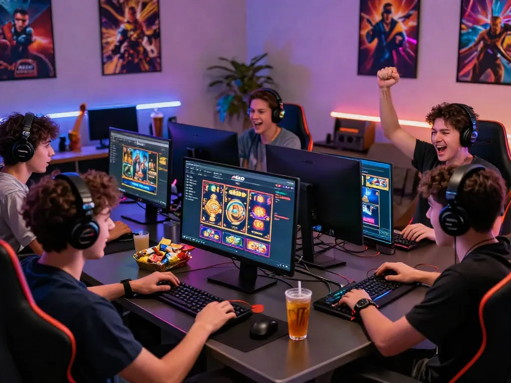 A diverse group of players immersed in the A80 online casino gaming experience.