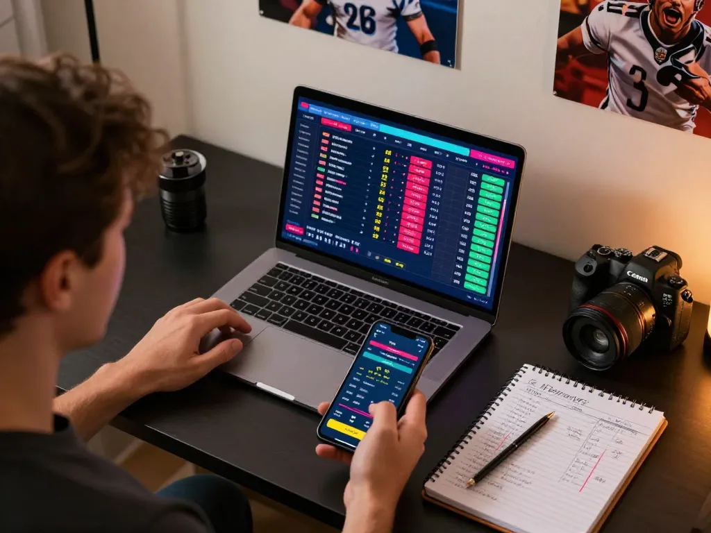 Engaging in live betting strategies at 78win's online platform with a laptop and smartphone.