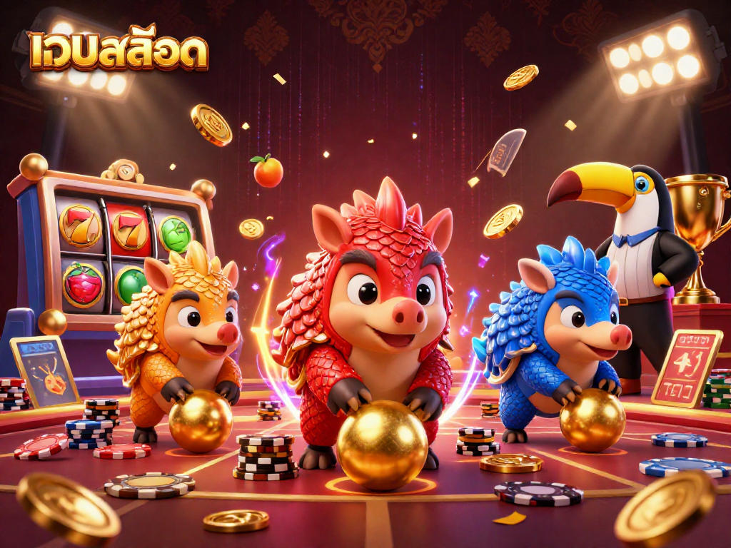 Play เว็บสล็อต with rival pangolins in a dynamic casino scene, featuring slot reels and vivid action.