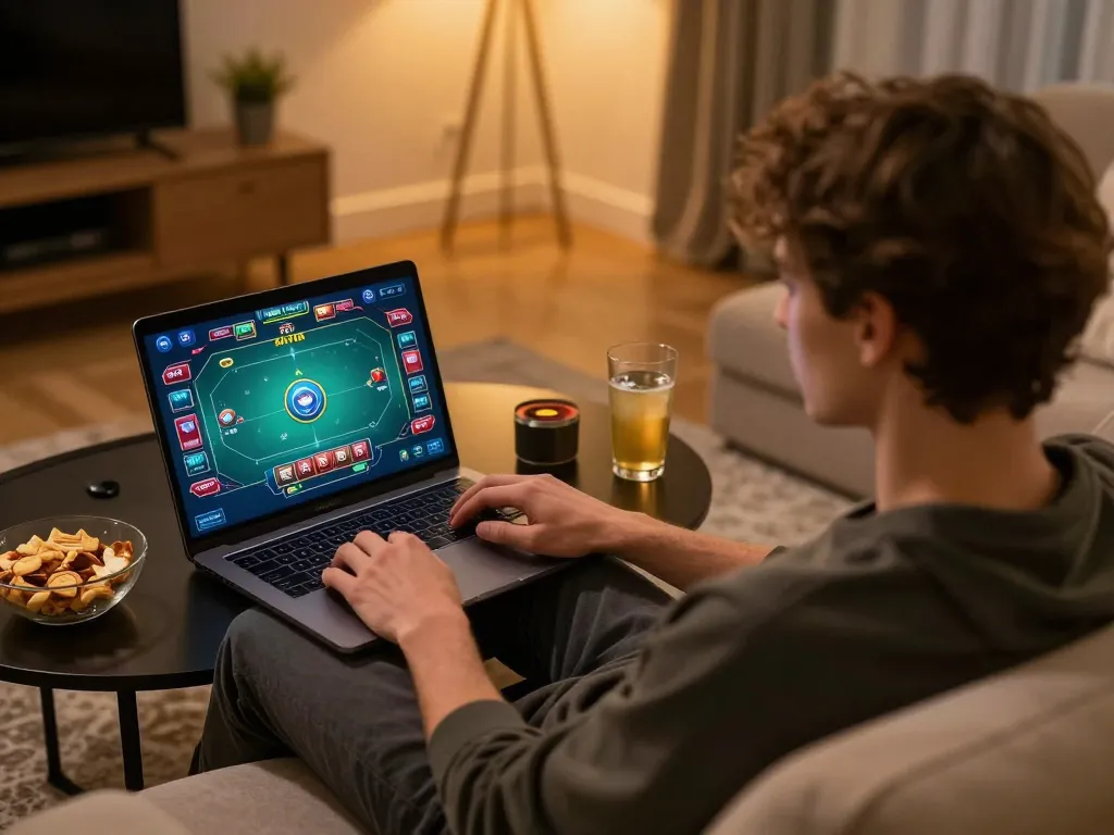 Engaging in an online poker game with 98win on a cozy sofa.