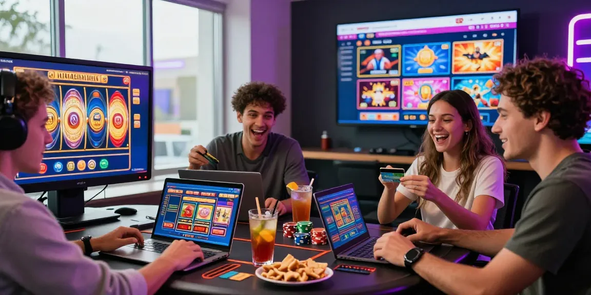 Players enjoying credit card casinos in a vibrant online gaming atmosphere with diverse devices and games.