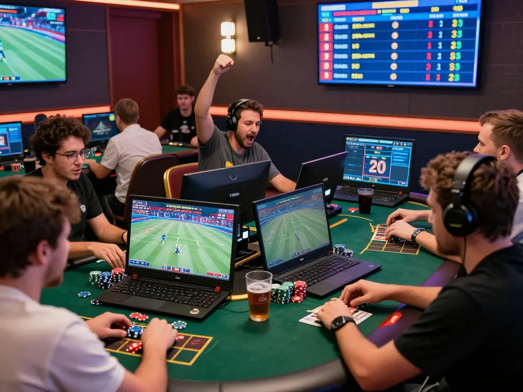 Exciting CWIN online gambling scene with players engaged in sports betting and casino games, showcasing vibrant energy and camaraderie.