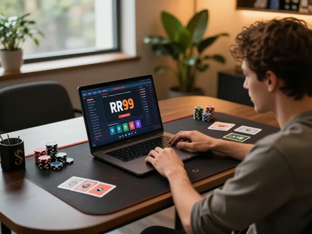 Engaging in online gaming at RR99, user focused on laptop displaying casino games with casual home setting.