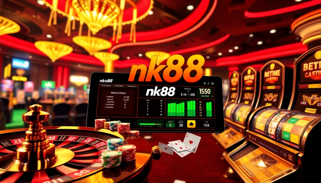 Exciting nk88 online casino interface featuring live roulette, poker chips, and winning bets