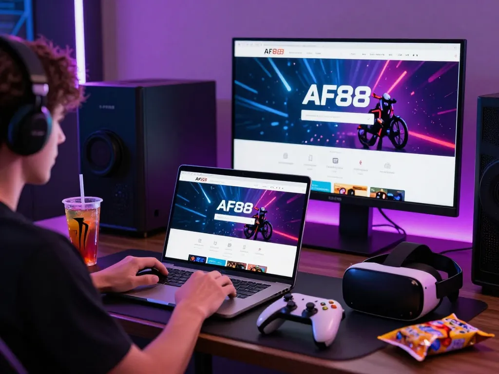 AF88 đăng nhập page displayed on a laptop in a vibrant online gaming setup with modern decor and gaming accessories.