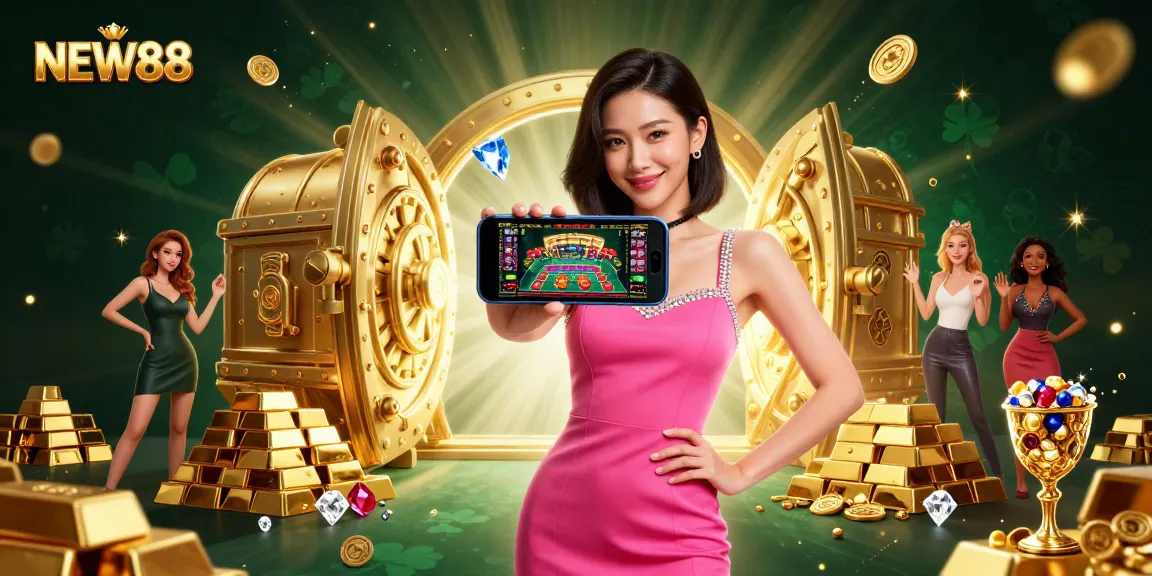 Engage with NEW88's vibrant casino world featuring a glamorous woman showcasing a live dealer game.