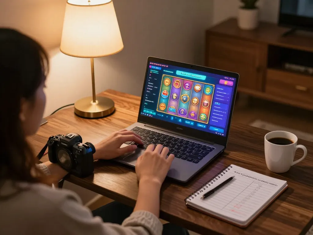 Engaging with slot mahjong game on laptop, showcasing vibrant online gameplay and cozy home setting.