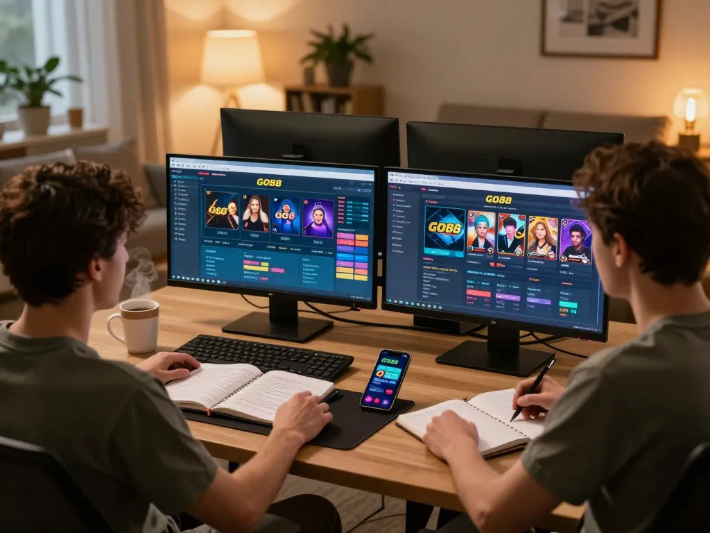 Player engaging in GO88 online gaming at home, showcasing multiple screens and strategies