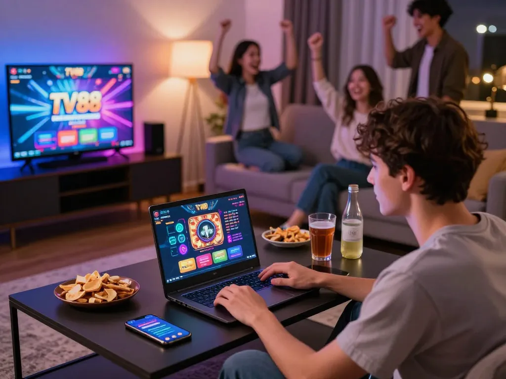 tv88 đăng nhập - Engaging young adult enjoying online gaming experience in a cozy living room setting.