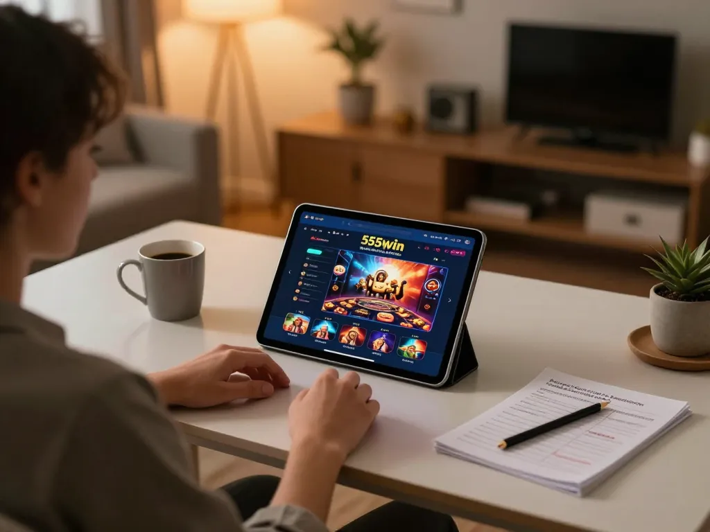 Engaged player exploring 555win casino app on tablet in a comfortable home setting.