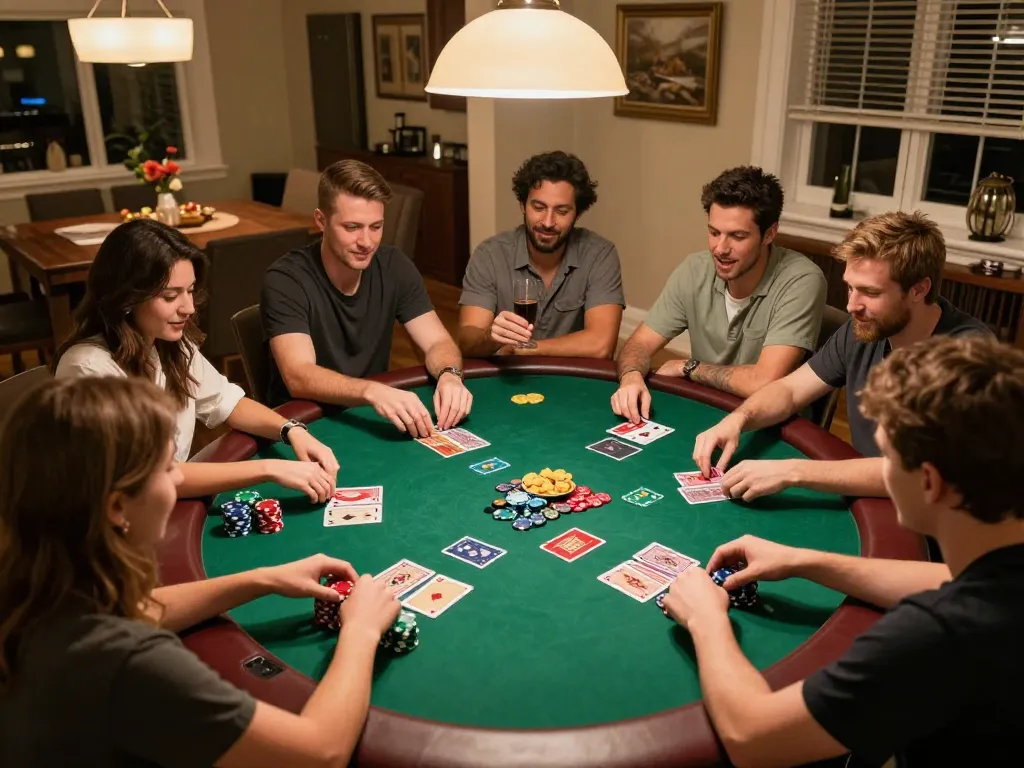 Friends enjoying a poker night with chips and cards, showing gg 88 excitement in a cozy home setting.