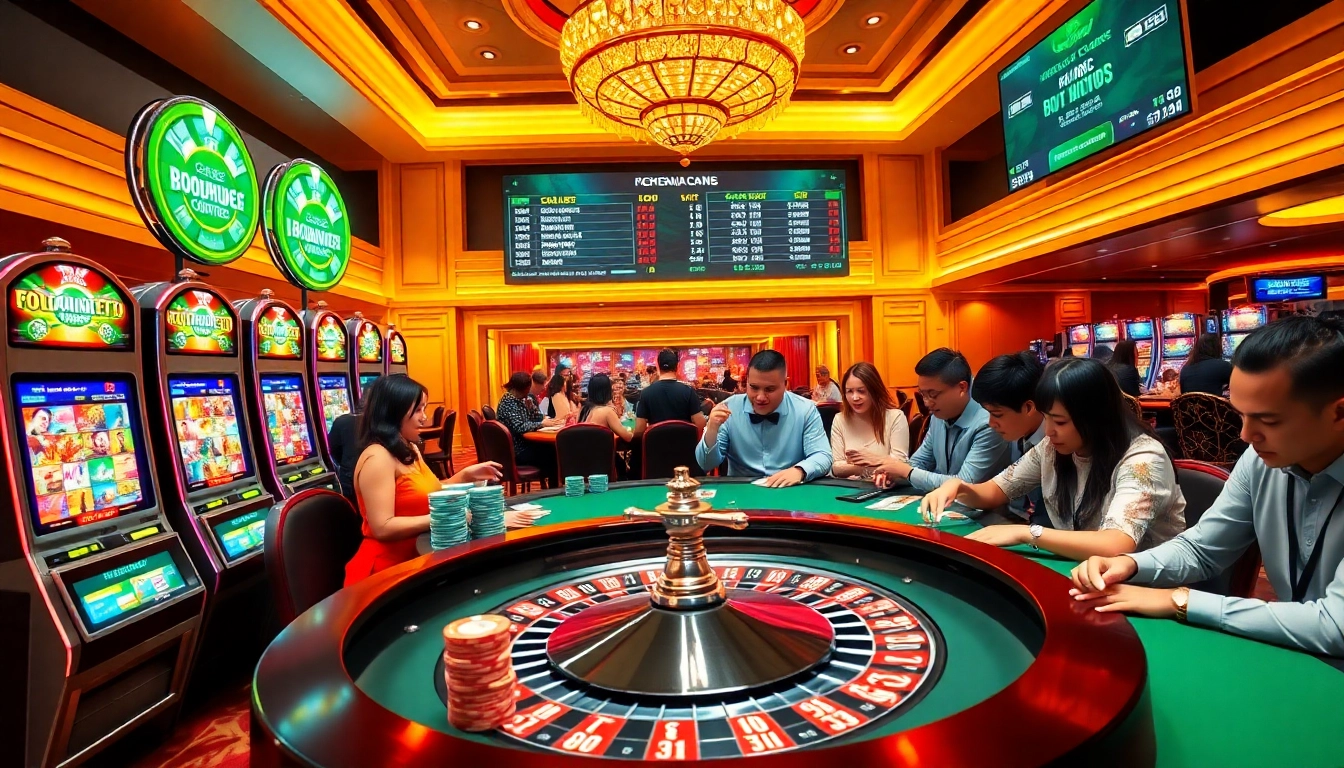 Experience the excitement of keonhacai5 as gamblers engage around vibrant roulette and poker games.