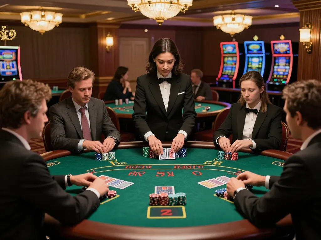 Players enjoy a strategic blackjack game at a premium table in mm88's luxurious casino.