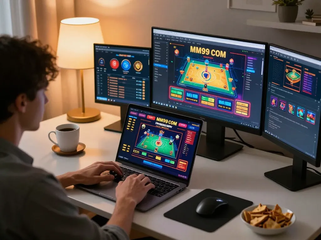 Engaging gameplay on MM99 COM platform displayed on a laptop in a cozy home office setting