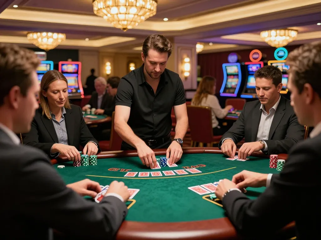 Players strategizing at RR88's blackjack table, showcasing an exciting casino atmosphere