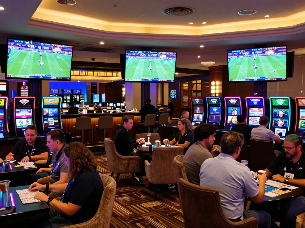 Bsport players engaging in dynamic sports betting in a bustling upscale lounge, showcasing excitement and strategy.