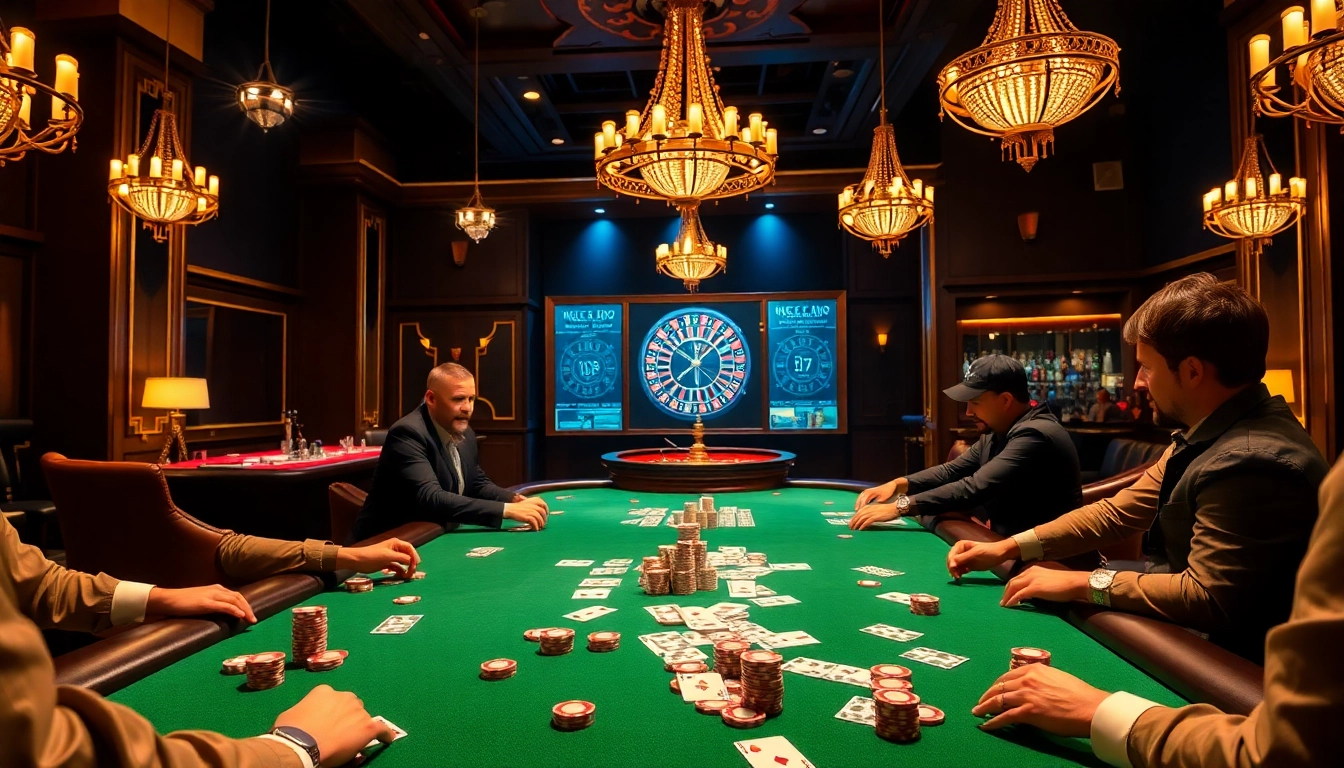 Poker players strategizing at a high-stakes table representing https://go99.institute/ with vibrant chips and cards.
