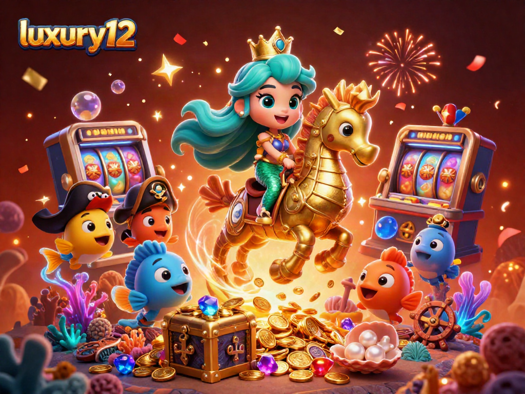 Putri duyung luxury12 memainkan slot dengan kuda laut di lautan ceria penuh harta.