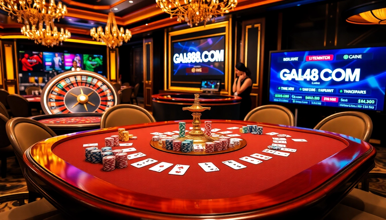 Experience the thrill of gambling at GA888.COM with a luxurious poker table scene showcasing vibrant chips and cards.