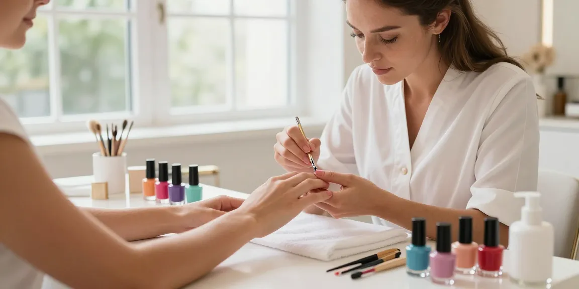 Beauty therapist applying nail art in a serene spa environment featuring colorful nail polish slot on the table.