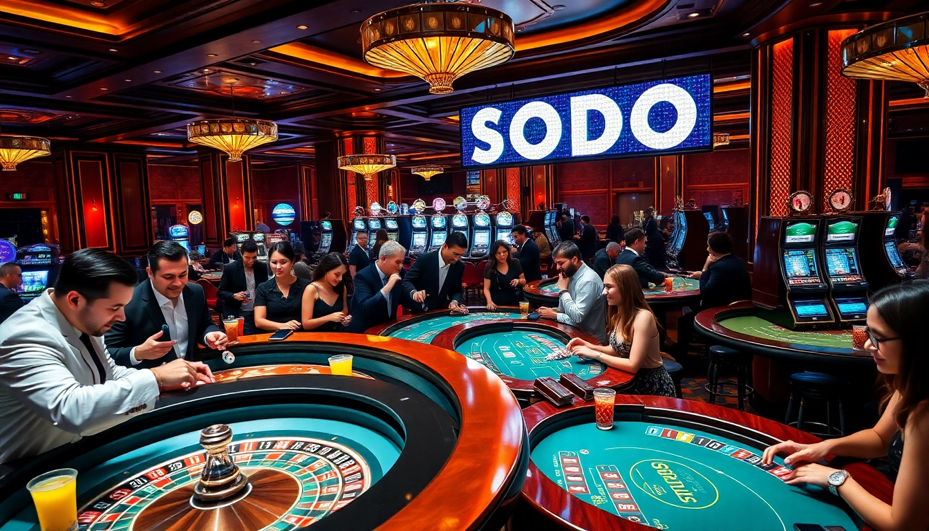 SODO casino patrons enjoying thrilling gambling experiences at roulette and poker tables.