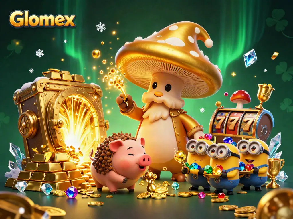 Spin your luck at Glomex casino with glowing treasures and vibrant characters in action.